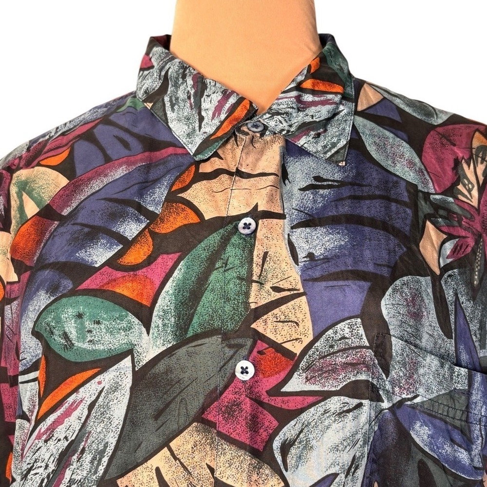 Vintage Hilo Hattie‎ Hawaiian Silk Shirt Tropical Leaf Print Button Front XL